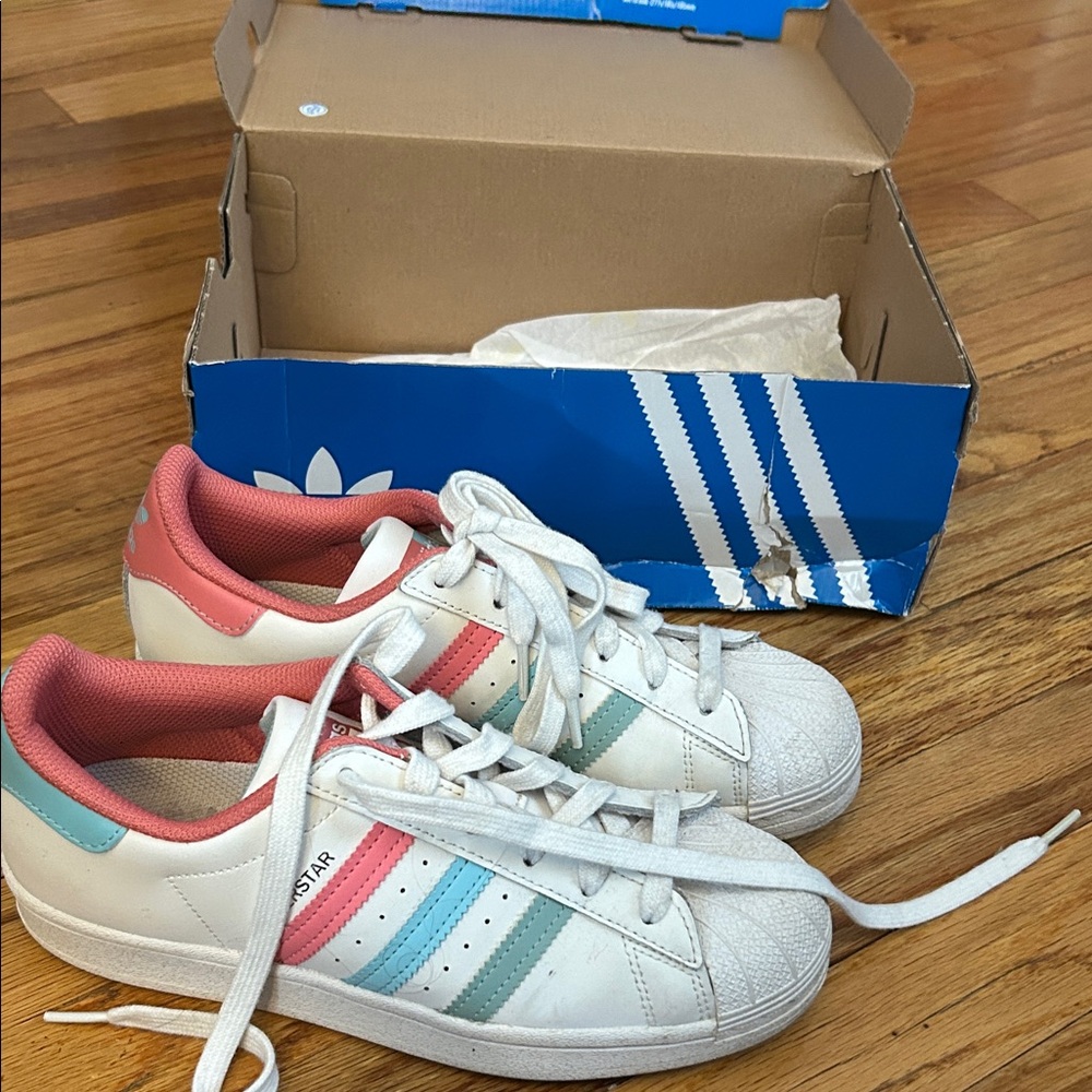Adidas Kids Sneakers in White with Pink and Blue Stripes